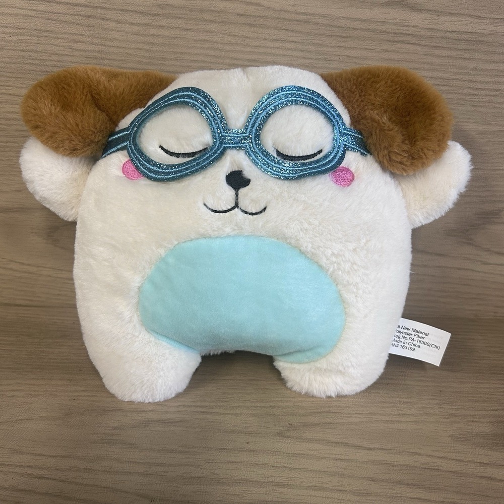Cute Cuddly Plush Dog Sparkle Blue Glasses Stuffed Animal Cartoon Style 8.5 Inch